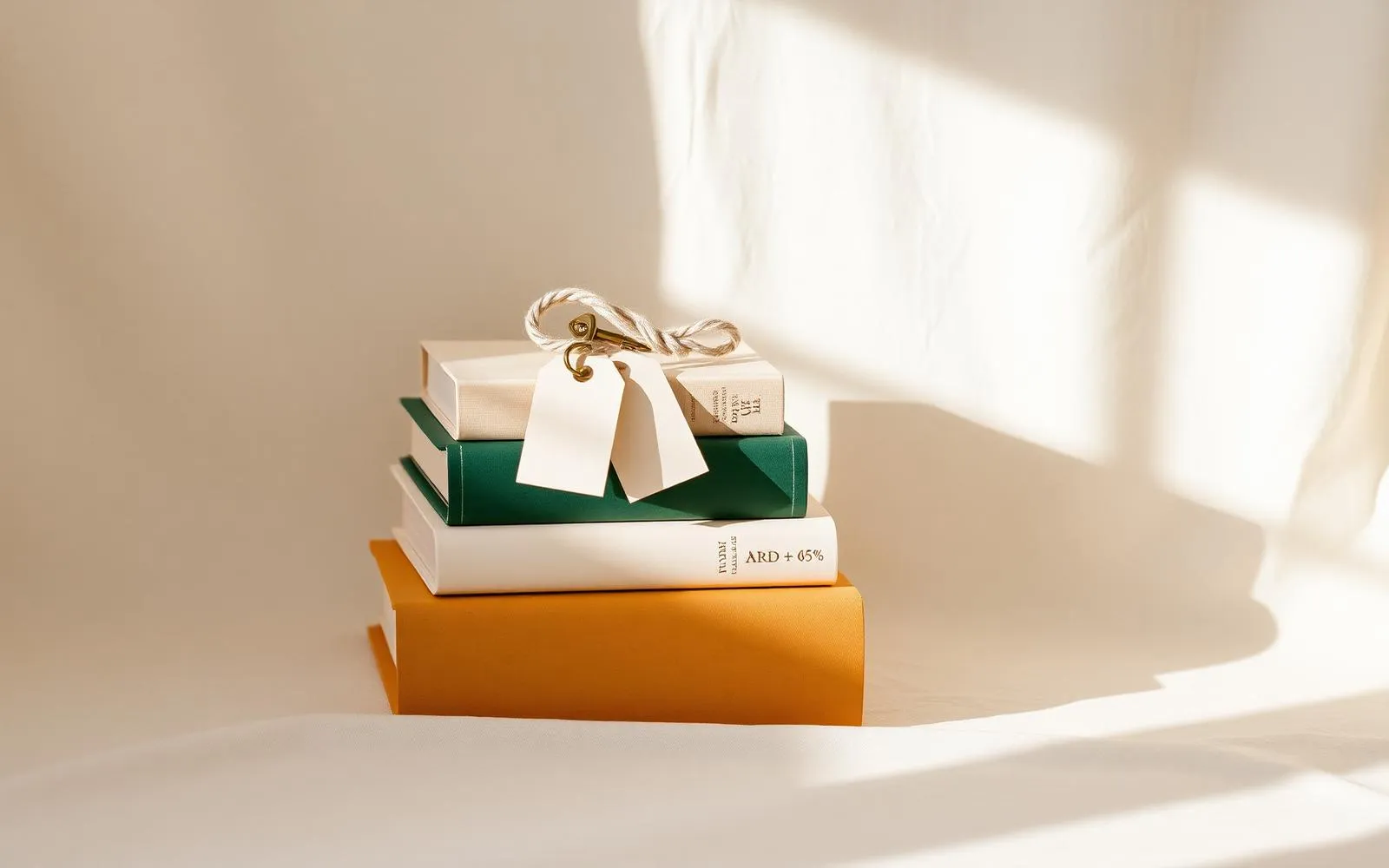 Chồng sách với thẻ giá treo bằng dây cotton