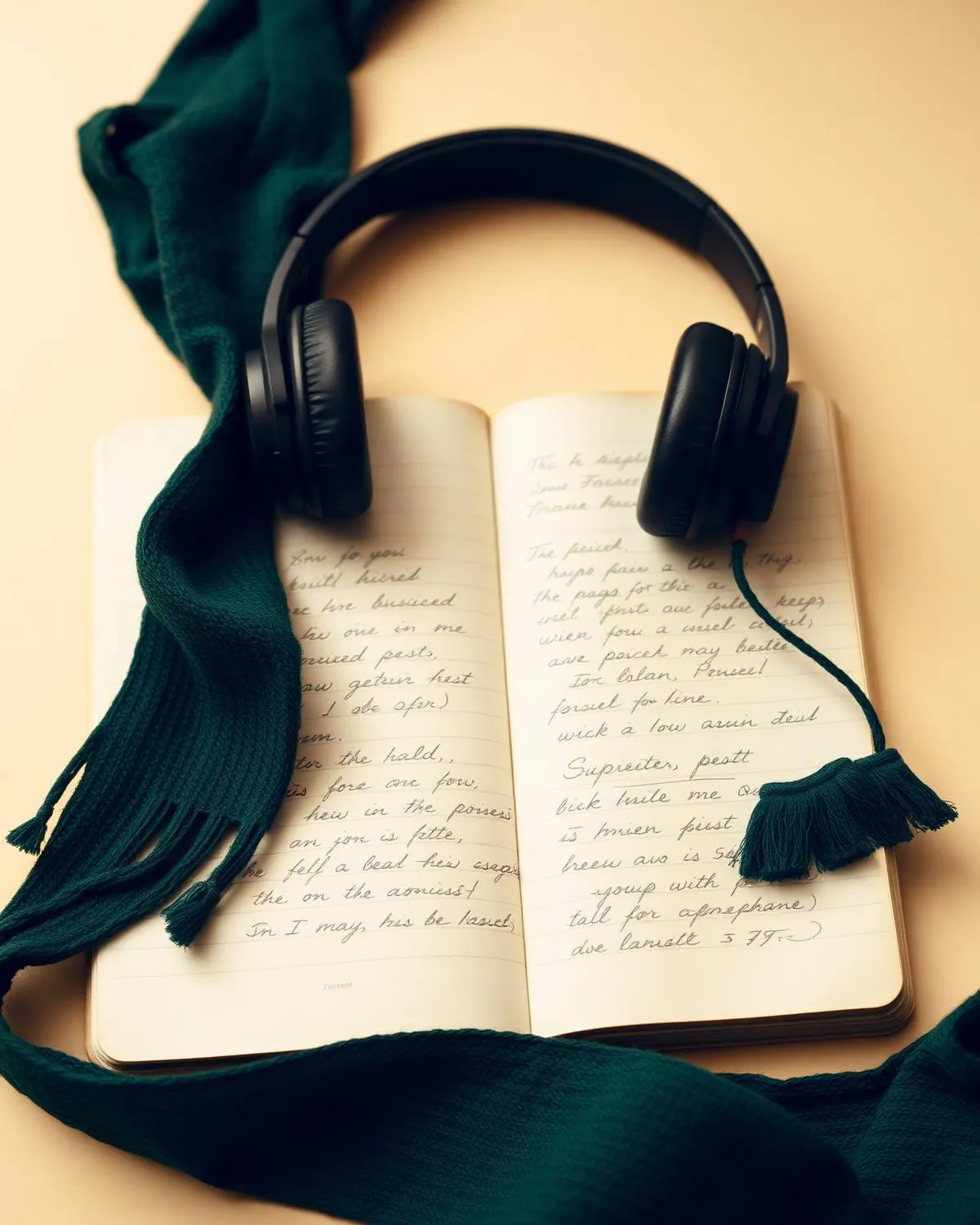 Tai nghe over-ear trên sổ tay chép nốt bài nghe