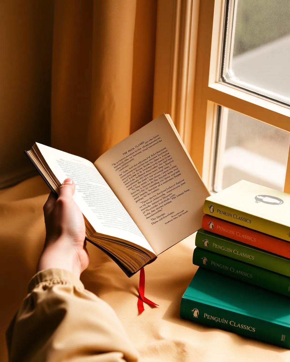 Bàn tay cầm sách Penguin Classics bên cửa sổ nắng